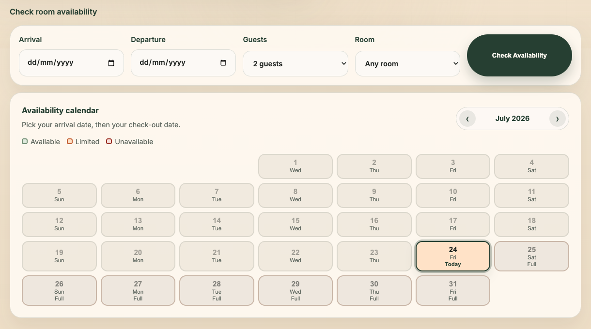 Kubu D'Carik booking engine showing arrival and departure fields with a live monthly room-availability calendar.