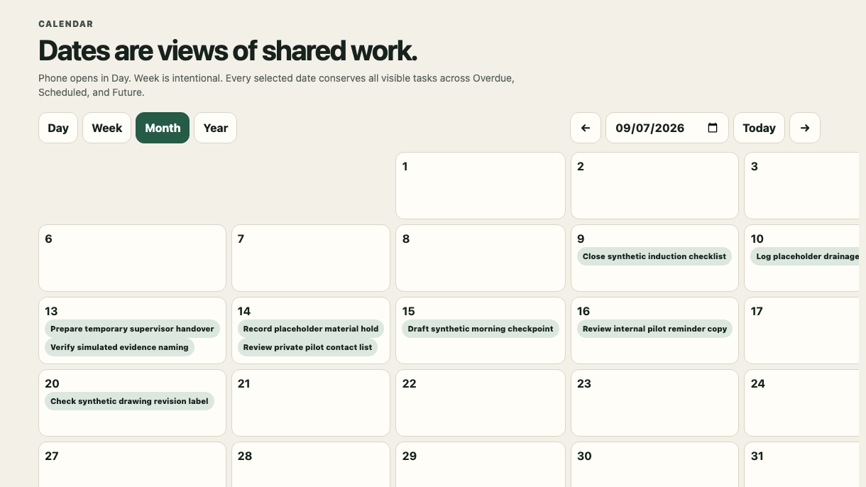 Synthetic operations calendar showing day, week, month and year modes, date controls and tasks placed across a monthly grid.