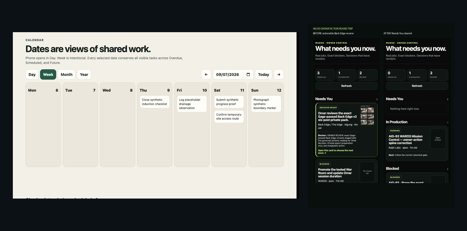 Split proof showing a synthetic weekly work calendar beside a staged owner decision view before and after action.