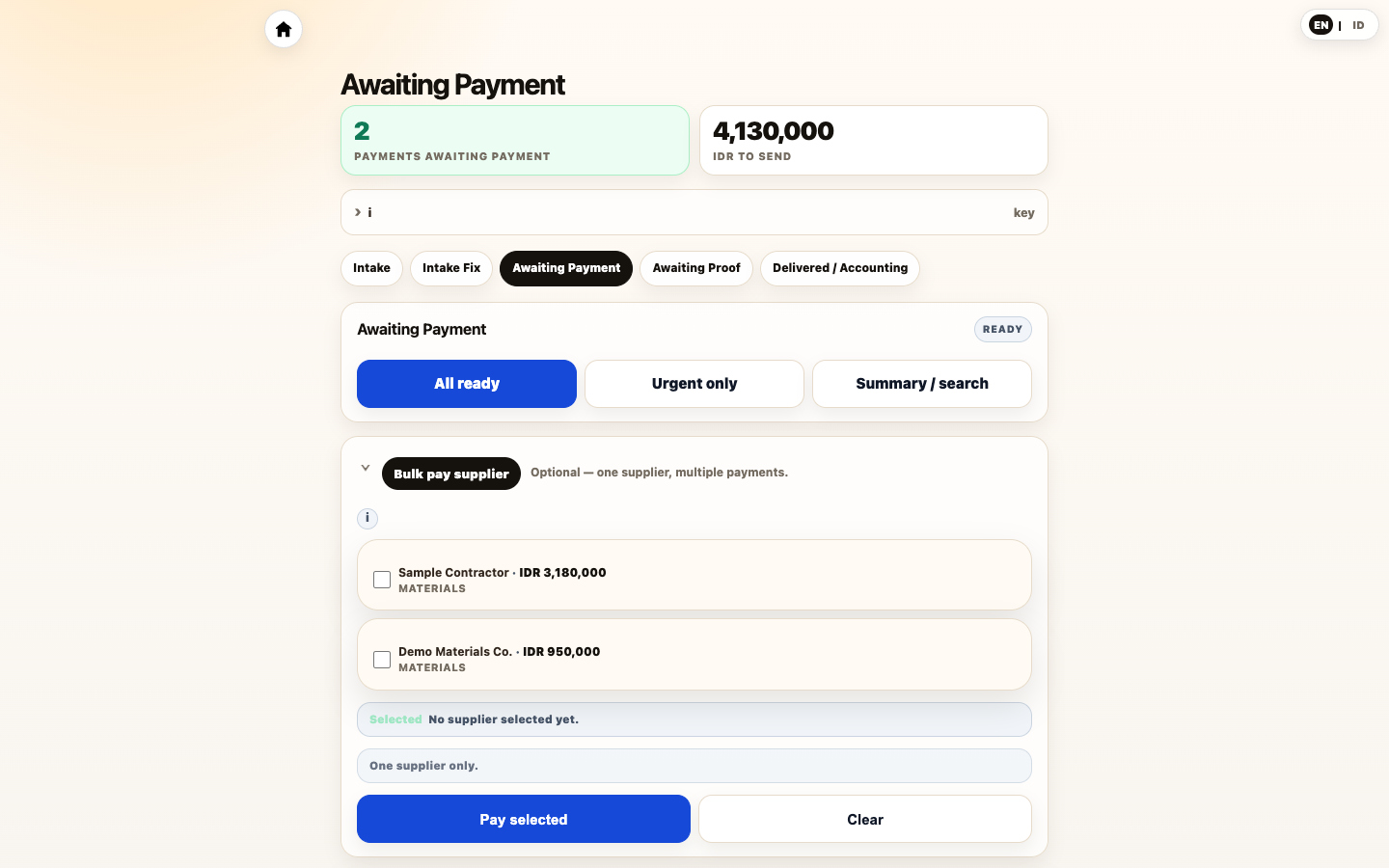 Synthetic payment-control application showing an Awaiting Payment queue, payment totals, workflow stages and sample supplier cards on desktop and phone.